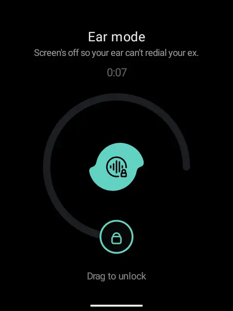 A dark screen with a circular unlock ring, shown over an active call