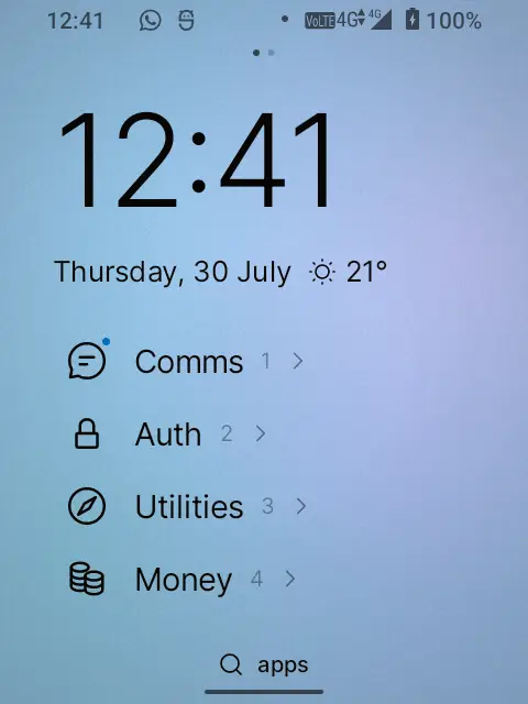 SideHome’s home screen showing a large clock, the date, and four favourites over a soft coloured sky