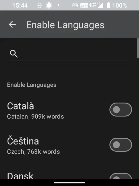 The language list in SideType settings, with several languages enabled