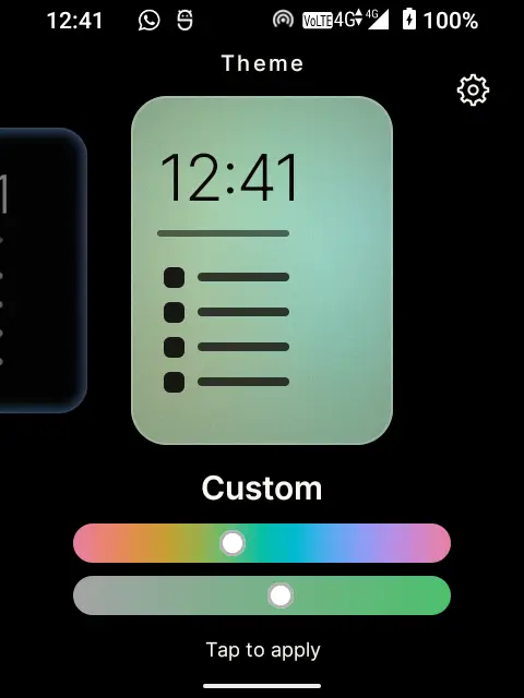 The theme picker, with the home zoomed out to a preview card and hue and saturation sliders
