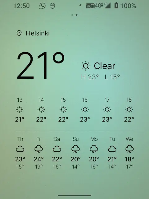 SideHome’s weather page with a large current temperature, an hourly strip and the week