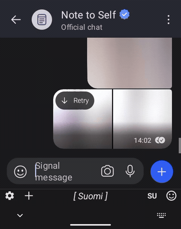 A recording of Finnish being typed in Signal on the SP-01, with SideType’s suggestion strip below the message field